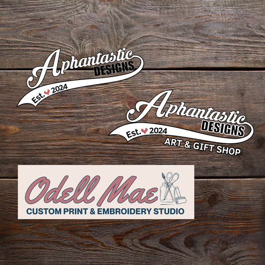 logos and text for a company called "Aphantastic Designs" and a business called "Odell Mae Custom Print & Embroidery Studio".