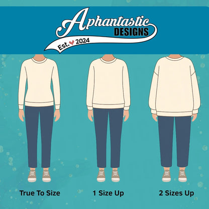The image is a collage of three different size illustrations of a sweater, with the text indicating the size of each sweater.