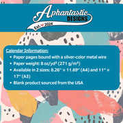The image is a colorful abstract pattern with various shades of blue, pink, yellow, and orange. The text provides information about a product, specifically a calendar, available in two sizes and bound with a silver-color metal wire.