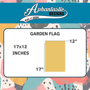 The image is a graphic design featuring a garden flag with a colorful abstract background.