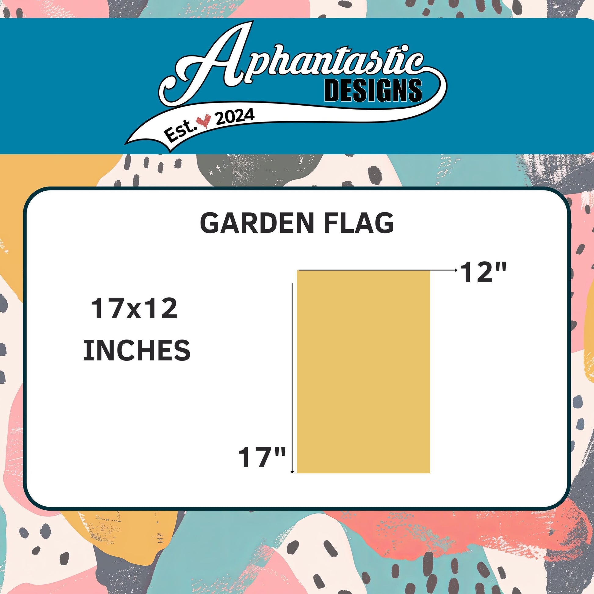 The image is a graphic design featuring a garden flag with a colorful abstract background.
