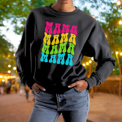 A person wearing a black sweatshirt with a colorful graphic design on it.