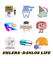 a collection of nine colorful and whimsical illustrations, including a hard stick, dental issues, party tricks, a stool, a brain, a cat, a toothbrush, a brain, and a cat. The illustrations are arranged in a grid format, and the text "Hard Stick" and "Dental Issues" are visible among them. The image is described as a collage of multiple images, and the phrase "EHLERS-DANLOS LIFE" is written at the bottom.