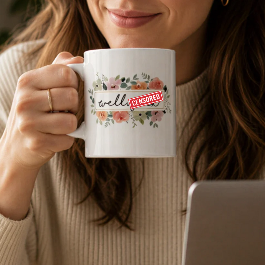 A woman is holding a white mug with a floral design and the word "well" printed on it.