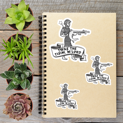 a notebook with stickers on it, along with several potted plants arranged on a wooden surface.