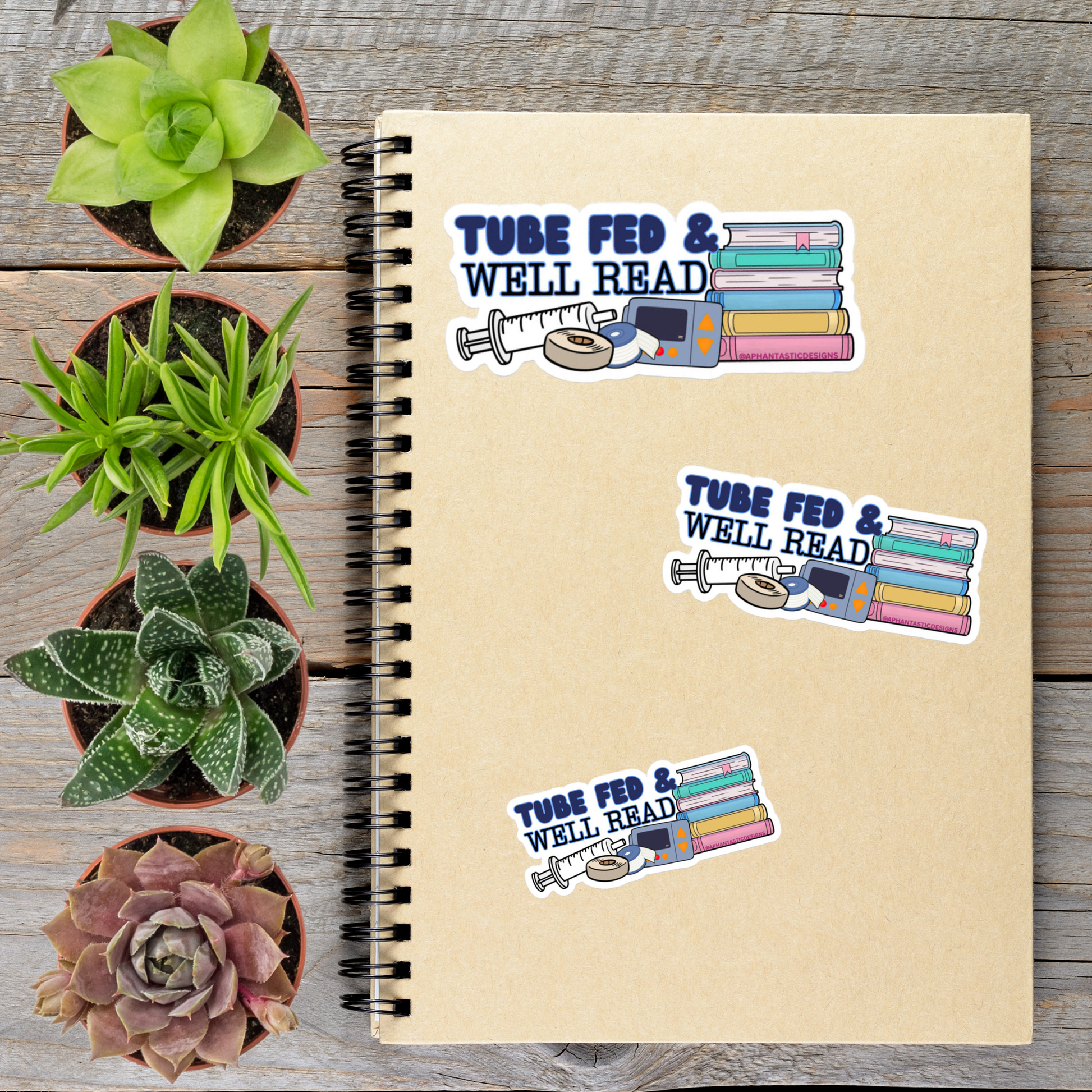 a spiral notebook with stickers on it, along with four potted plants arranged on a wooden surface.