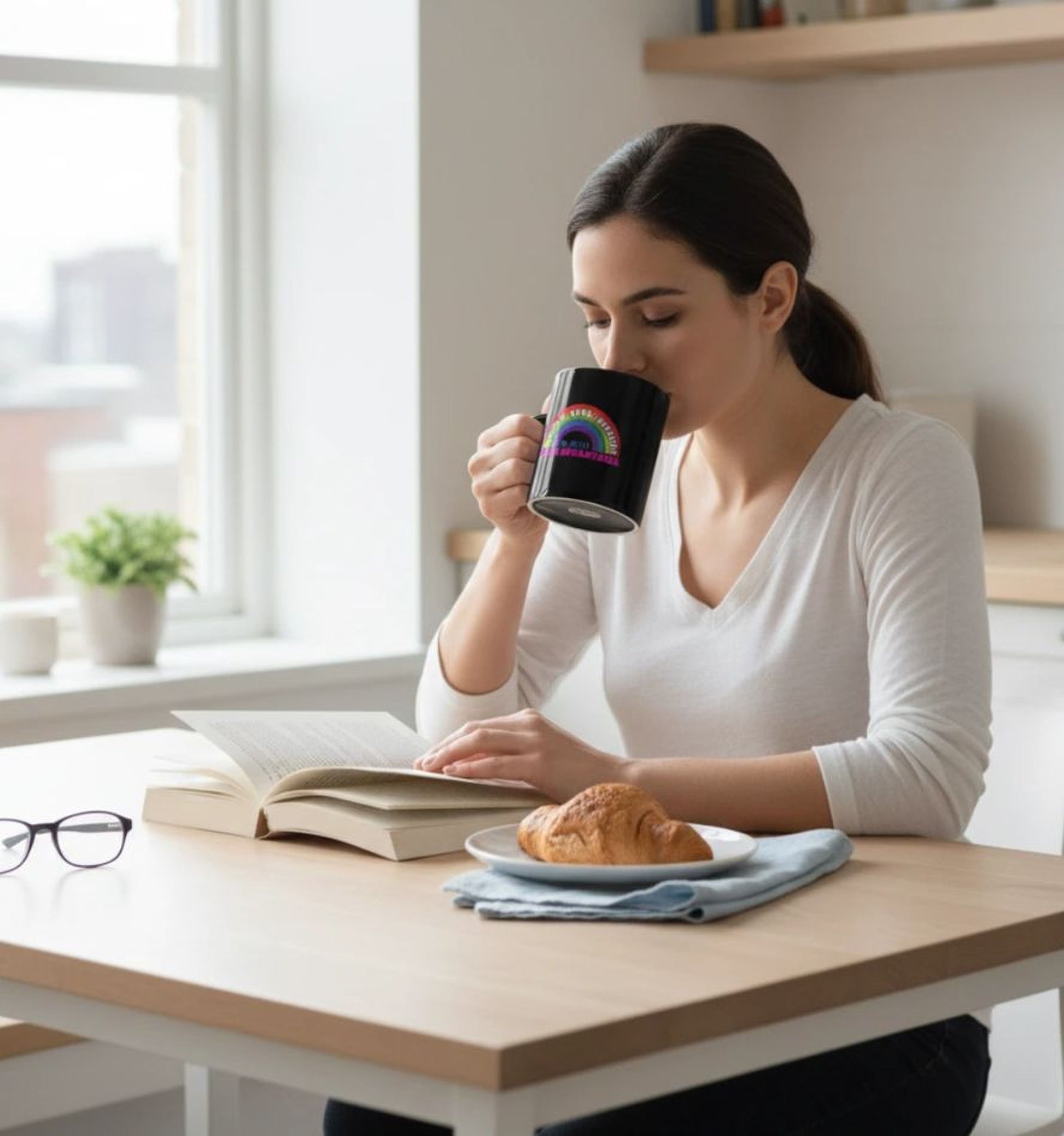 A woman is sitting at a table, reading a book and drinking from a mug.