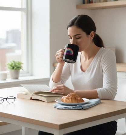 A woman is sitting at a table, reading a book and drinking from a mug.