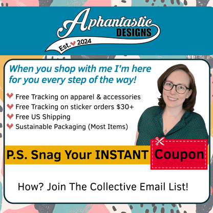 a woman wearing glasses and a green shirt, smiling and posing for a photo. The image appears to be a promotional graphic for a company called "Aphantastic Designs", which offers various benefits and discounts for shopping with them.