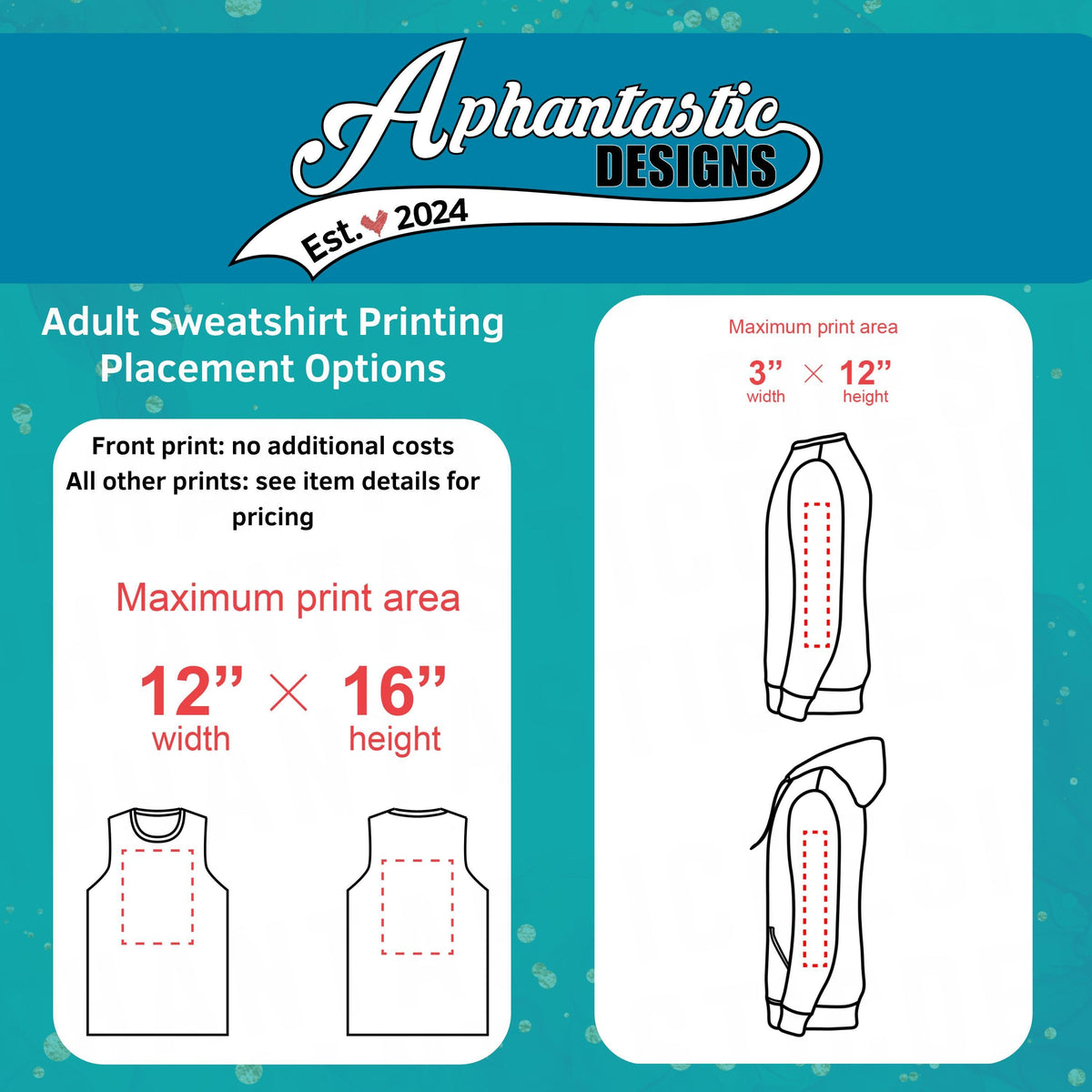 The image is an advertisement for adult sweatshirt printing, displaying various placement options and maximum print areas.