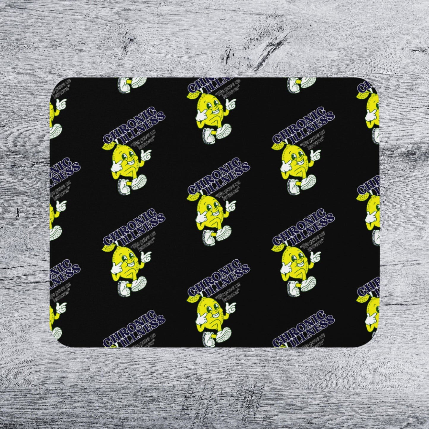 a repeating pattern of yellow cartoon characters with the text "Chronic Illness" written below them on a black background.