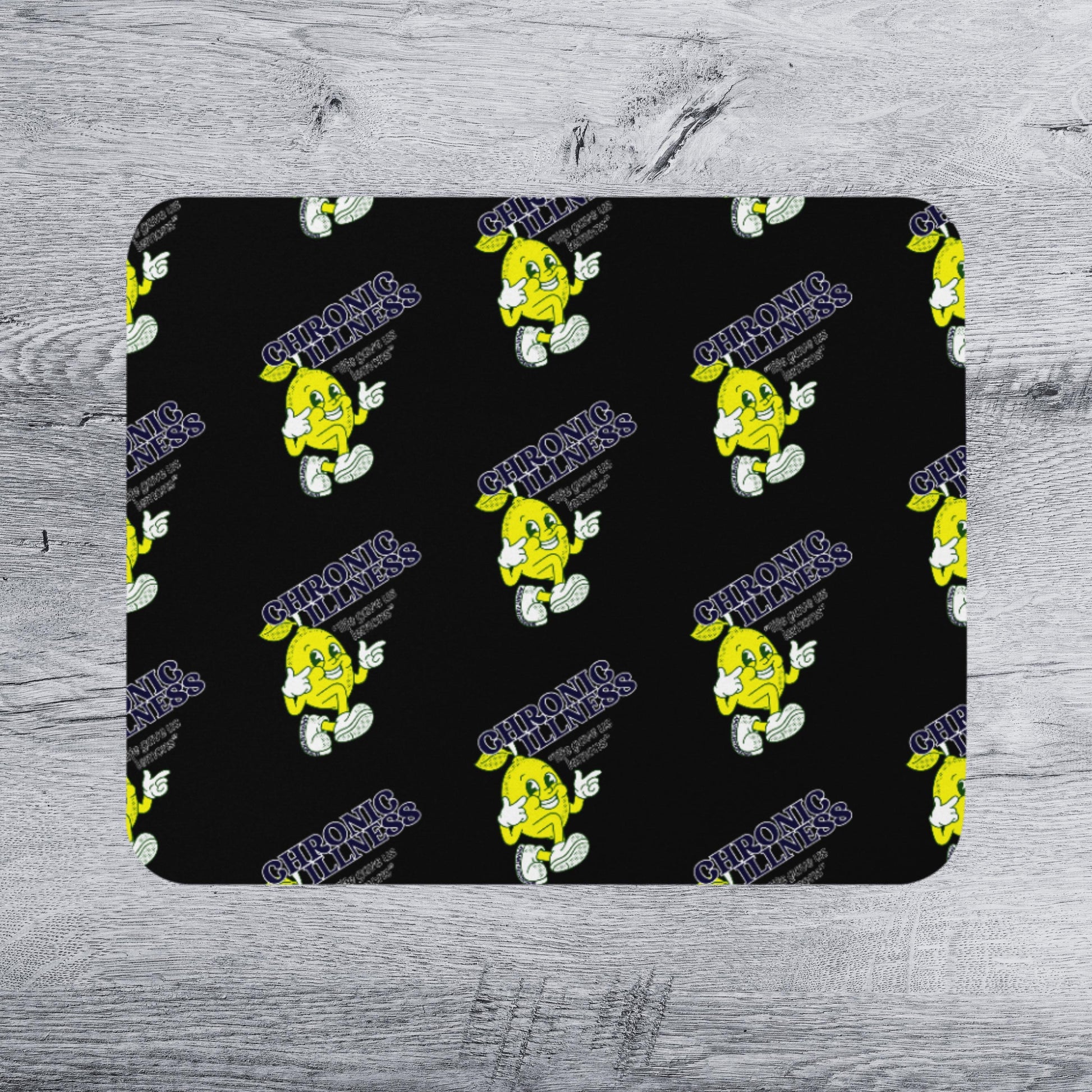 a repeating pattern of yellow cartoon characters with the text "Chronic Illness" written below them on a black background.