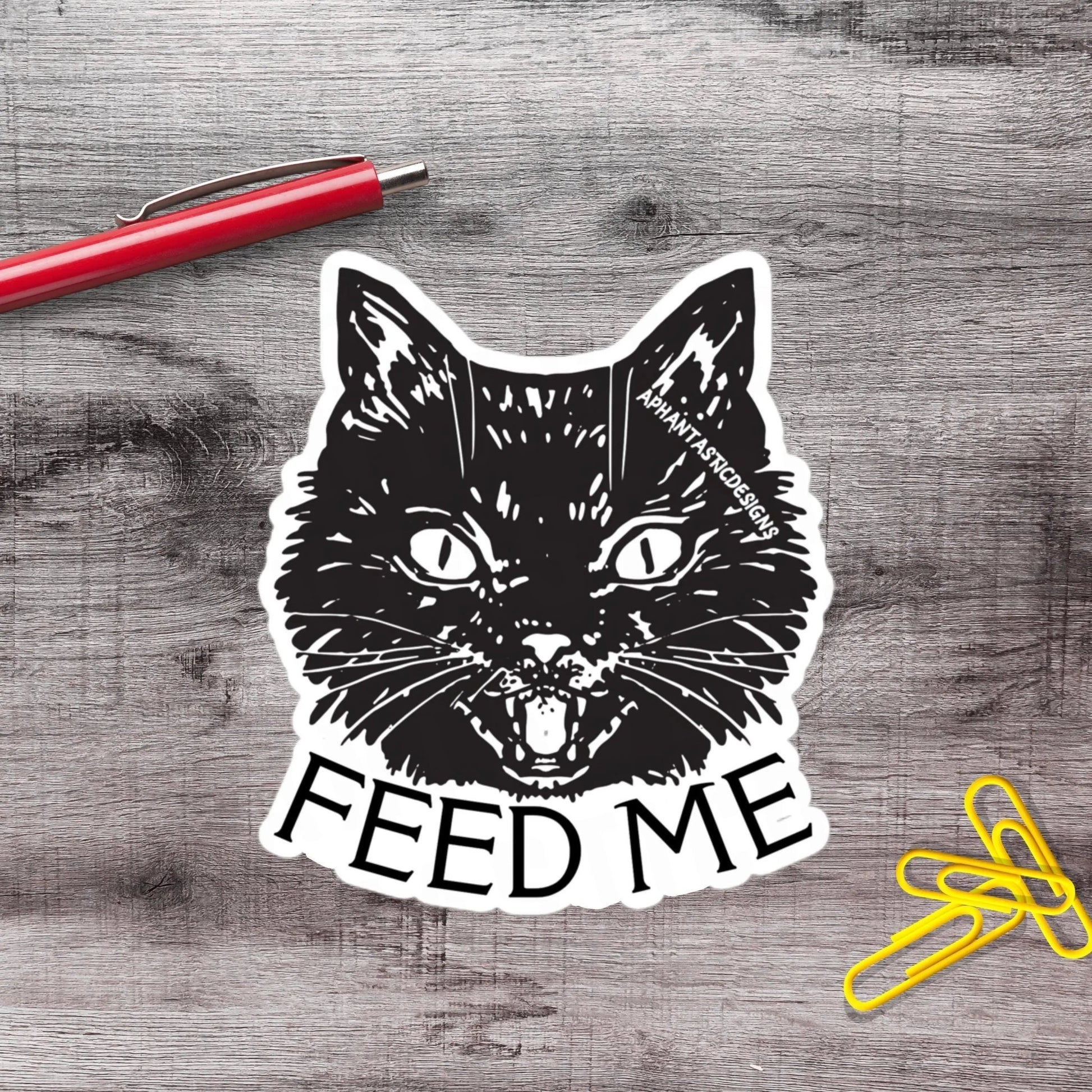 Feed Me Black Cat Vinyl Sticker - Aphantastic Designs