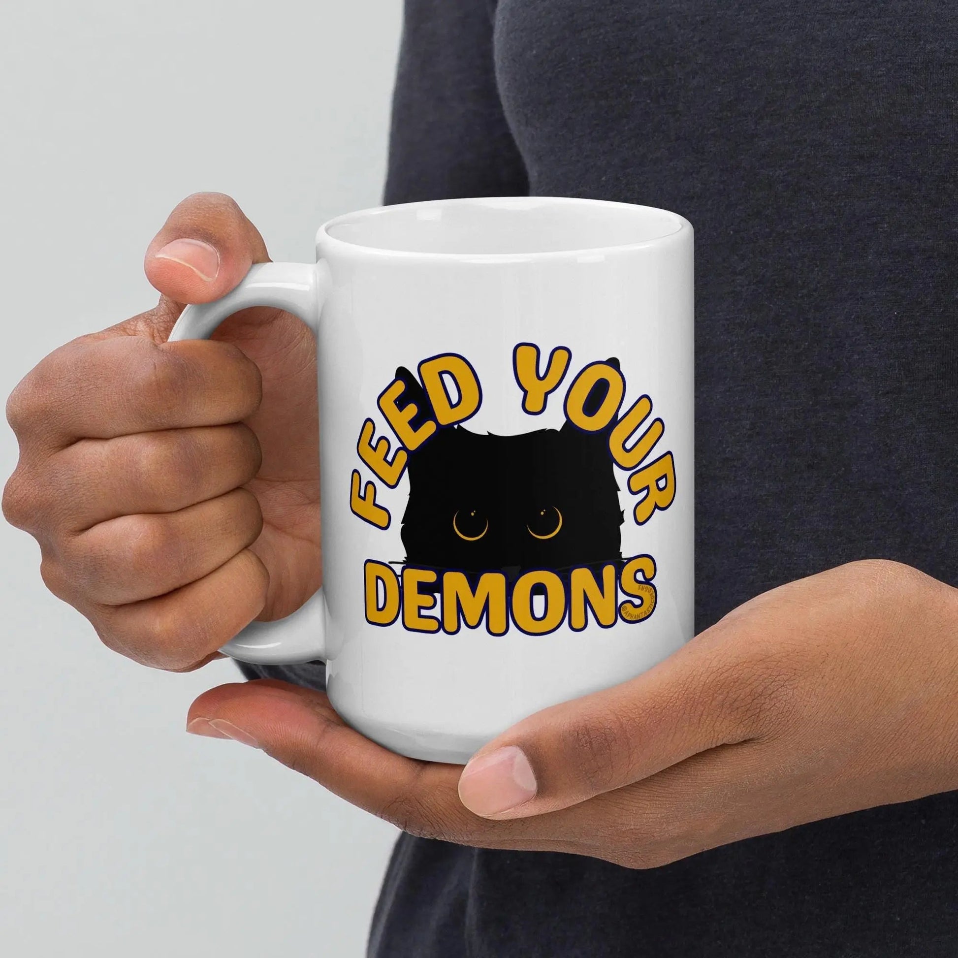 Feed Your Demons Black Cat Mug | Ceramic, Left Hand Friendly, & Dishwasher Safe - Aphantastic Designs