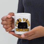 Feed Your Demons Black Cat Mug | Ceramic, Left Hand Friendly, & Dishwasher Safe - Aphantastic Designs