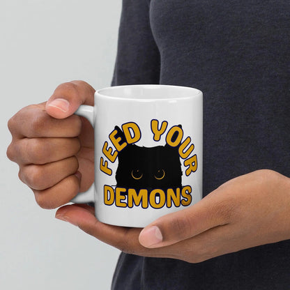 Feed Your Demons Black Cat Mug | Ceramic, Left Hand Friendly, & Dishwasher Safe - Aphantastic Designs