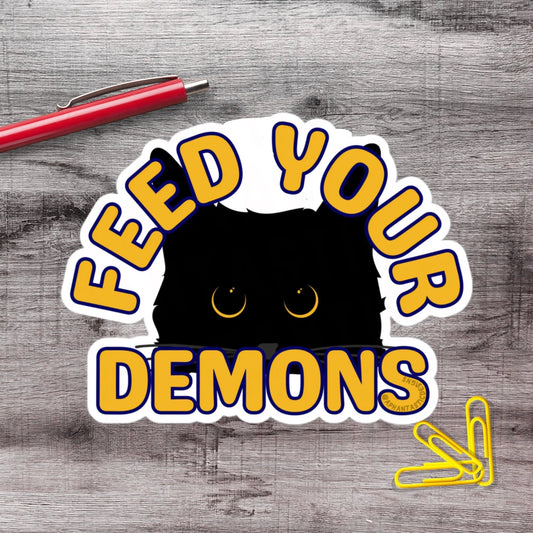 Feed Your Demons Black Cat Vinyl Sticker - Aphantastic Designs