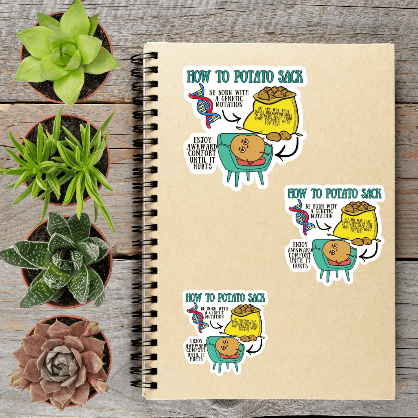 a spiral notebook with various stickers on it, along with several potted plants arranged on a wooden surface.