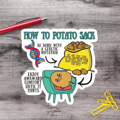 The image is a sticker with a cartoon potato character and text, depicting a humorous and informative way to enjoy potato sacks.