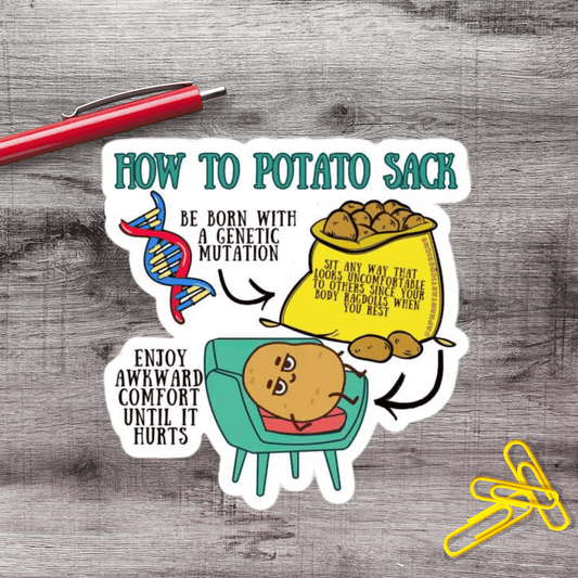 The image is a sticker with a cartoon potato character and text, depicting a humorous and informative way to enjoy potato sacks.