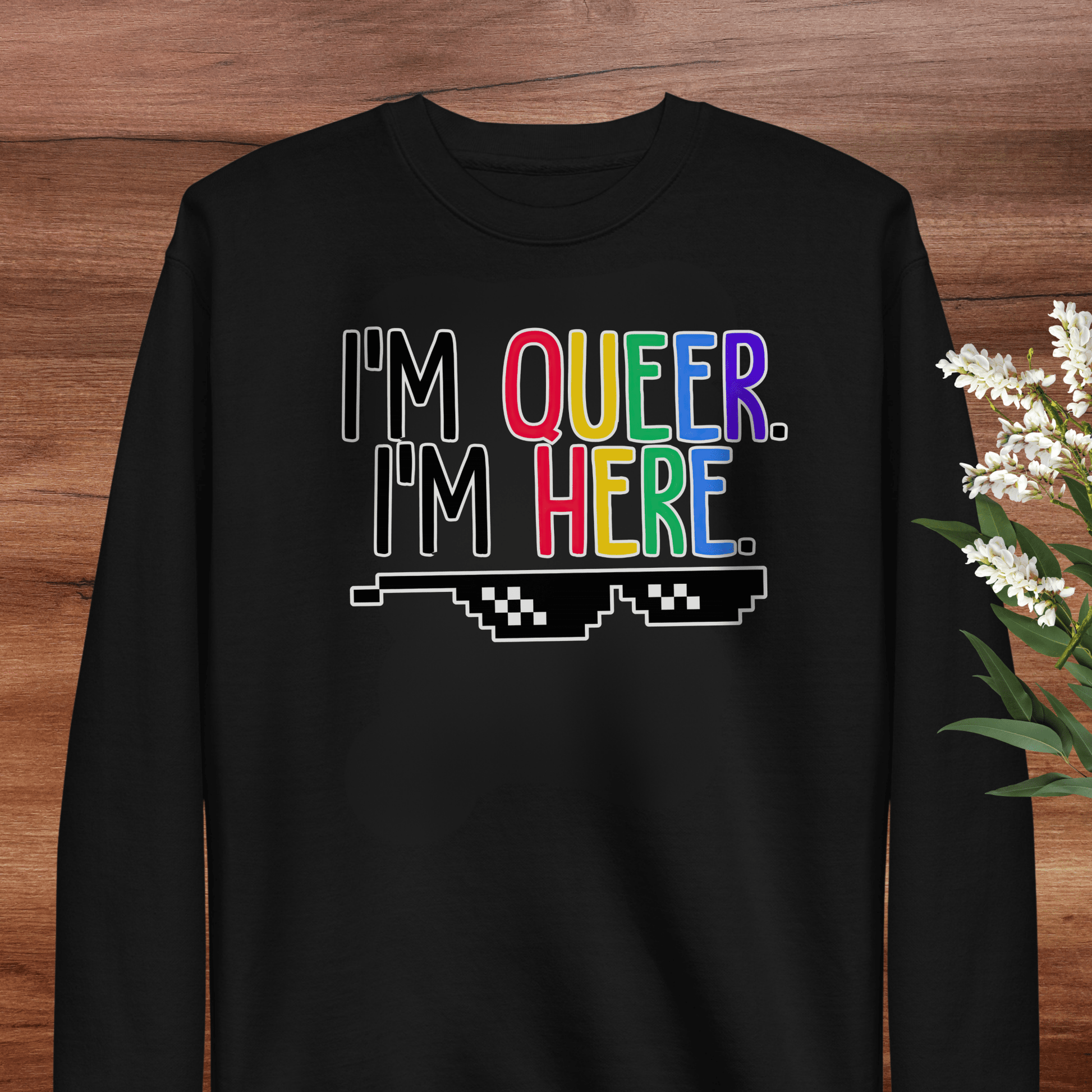 I'm Queer I'm Here LGBTQ+ Sweatshirt | Adult S–3XL - Aphantastic Designs