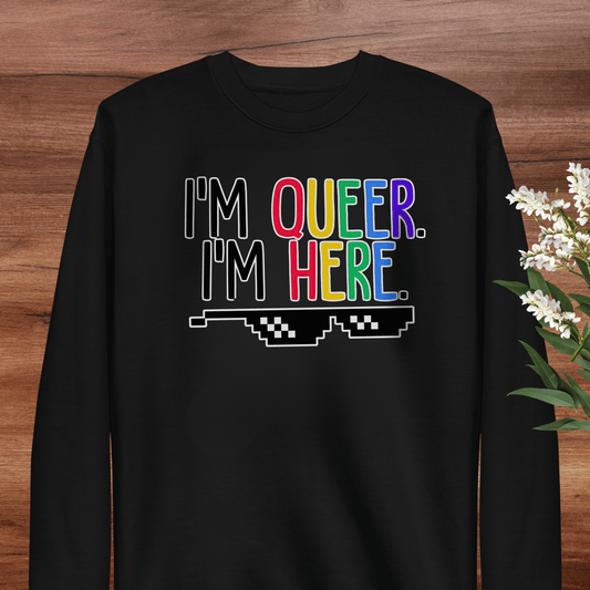 I'm Queer I'm Here LGBTQ+ Sweatshirt | Adult S–3XL - Aphantastic Designs