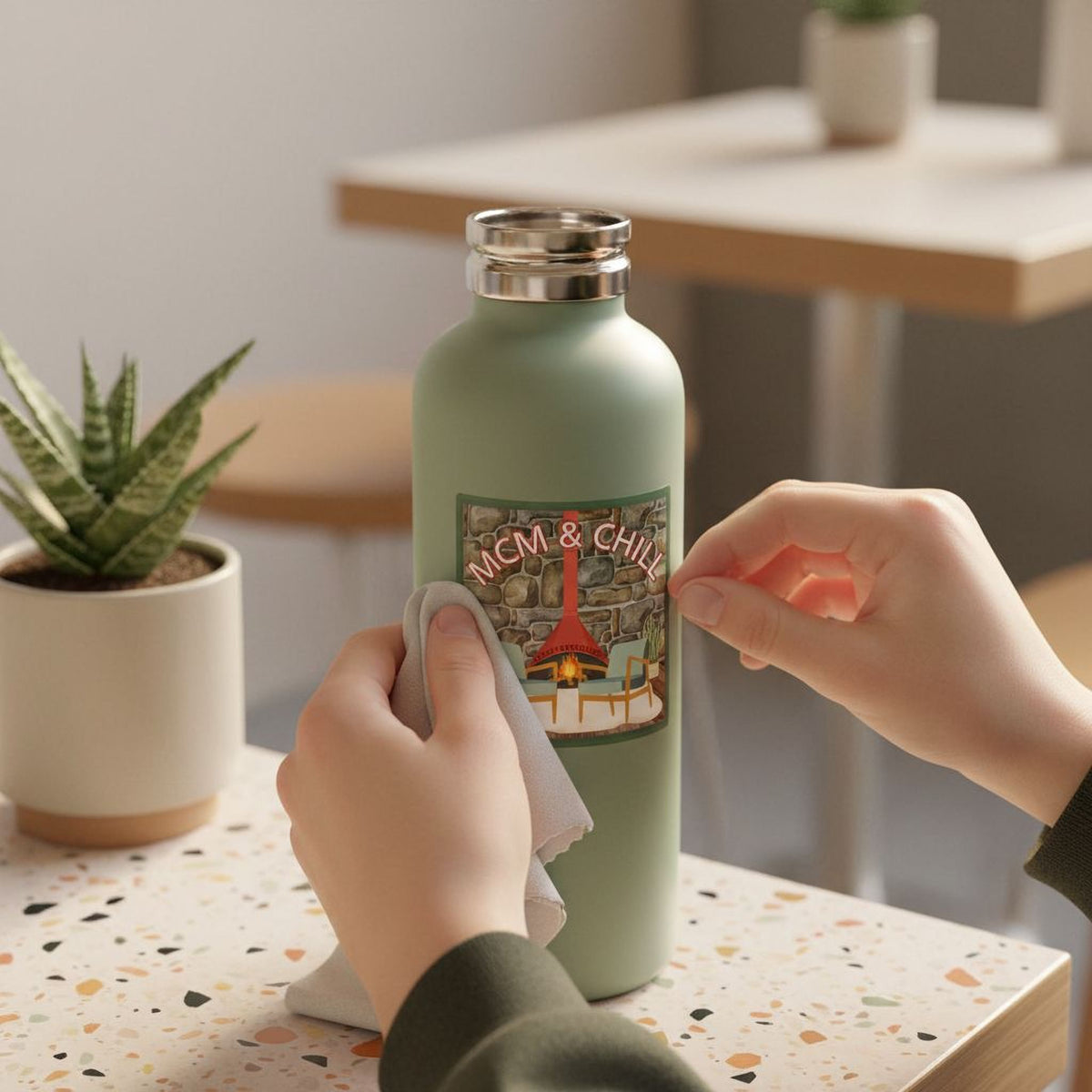 A person's hands are cleaning a green water bottle with a sticker on it, which features a red and white design.
