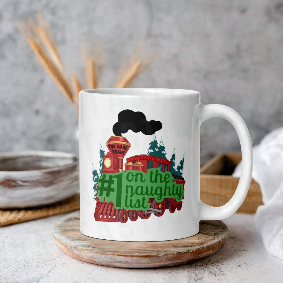 Naughty List Coal Train Christmas Mug | Ceramic, Left Hand Friendly, & Dishwasher Safe - Aphantastic Designs