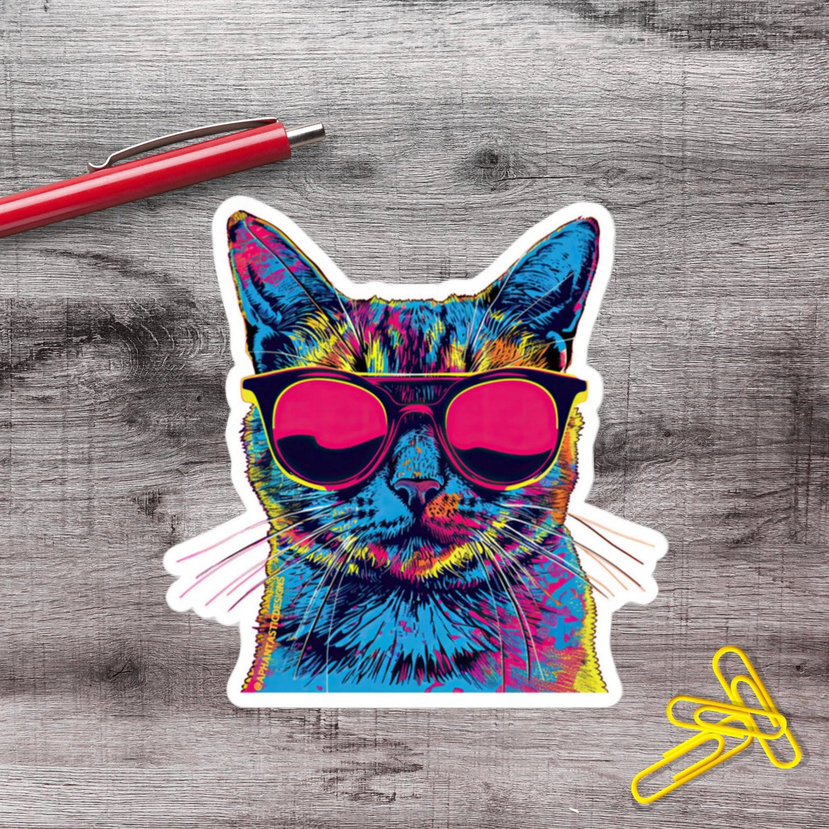 Neon Summer Vibes Sunglasses Cat Vinyl Sticker - Aphantastic Designs