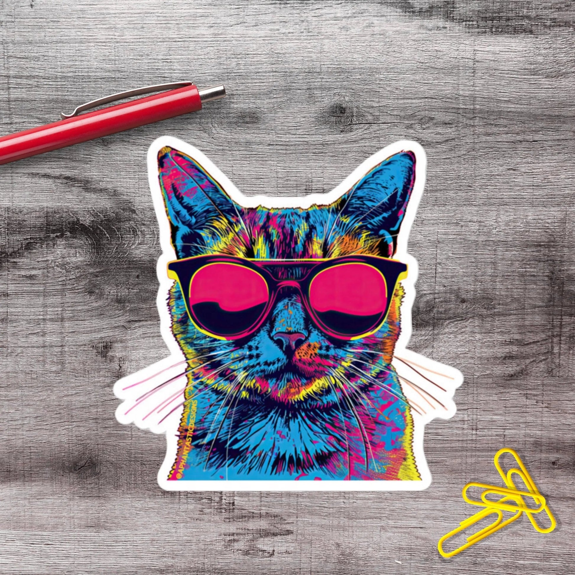 Neon Summer Vibes Sunglasses Cat Vinyl Sticker - Aphantastic Designs