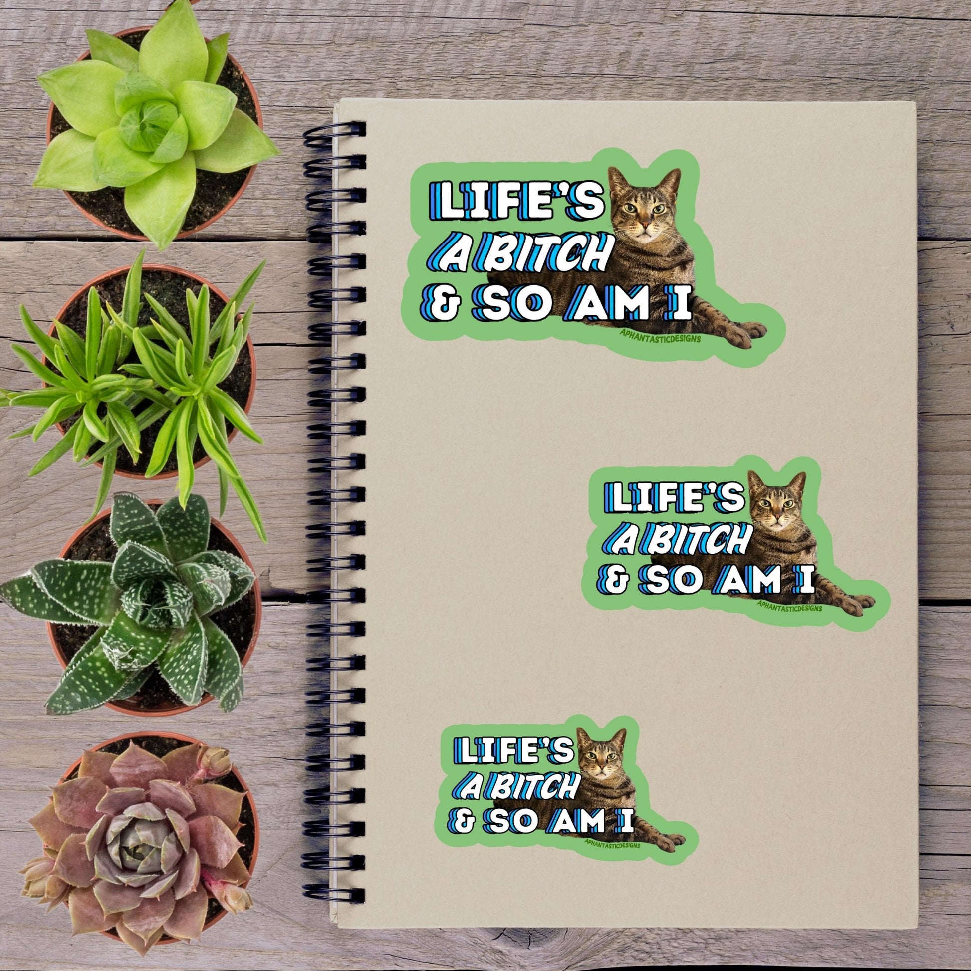 a spiral notebook with stickers on it, along with several potted plants arranged on a wooden surface.