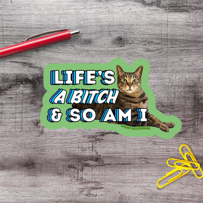 A sticker with a cat and the text "LIFE'S A BITCH & SO AM I" on a wooden surface.
