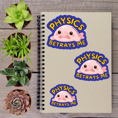 a notebook with three stickers on it, along with several potted plants arranged on a wooden surface.