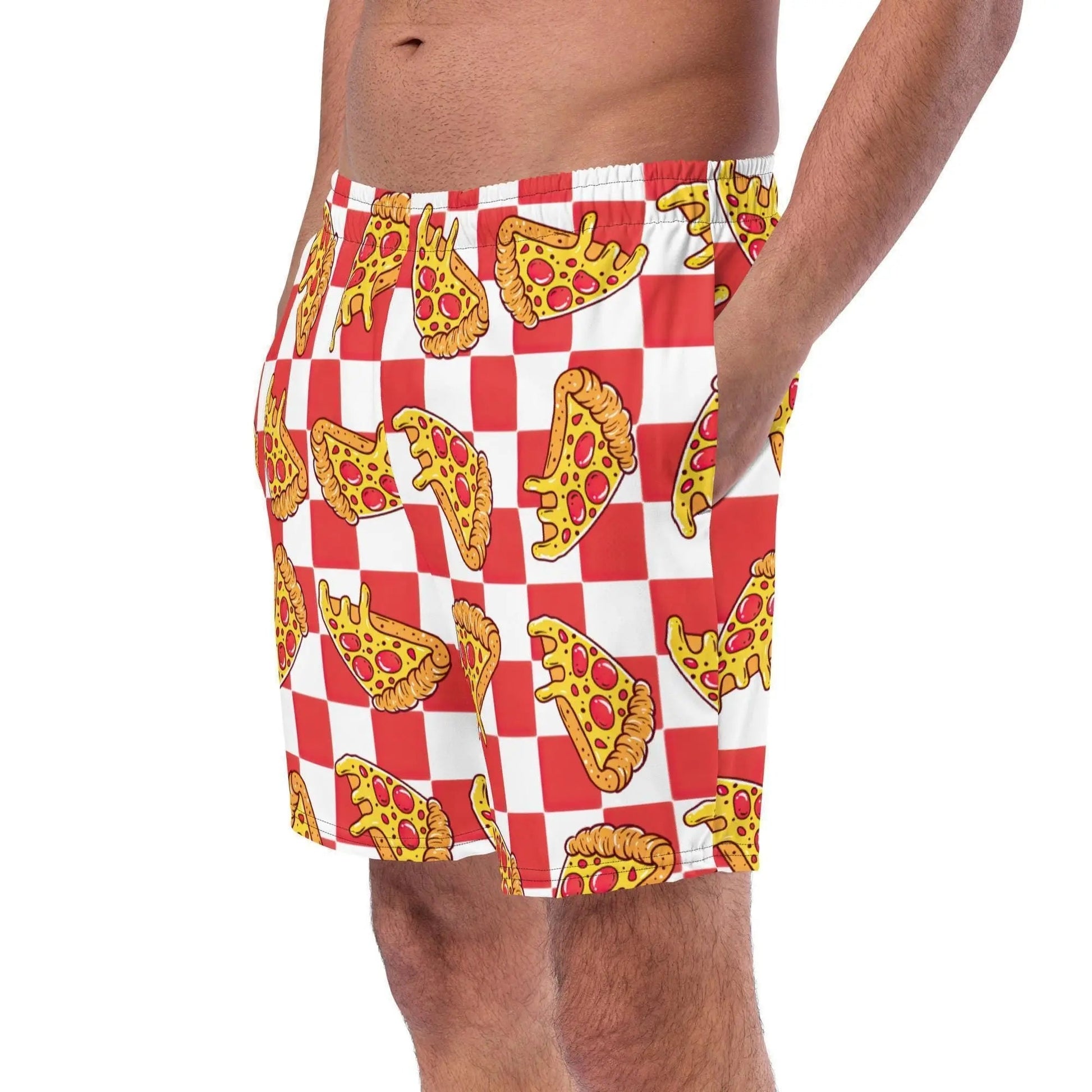Pizza Swim Trunks w/ Pockets | Recycled Mid Length Regular Fit Swimsuit UPF 50+ 2XS–6XL - Aphantastic Designs