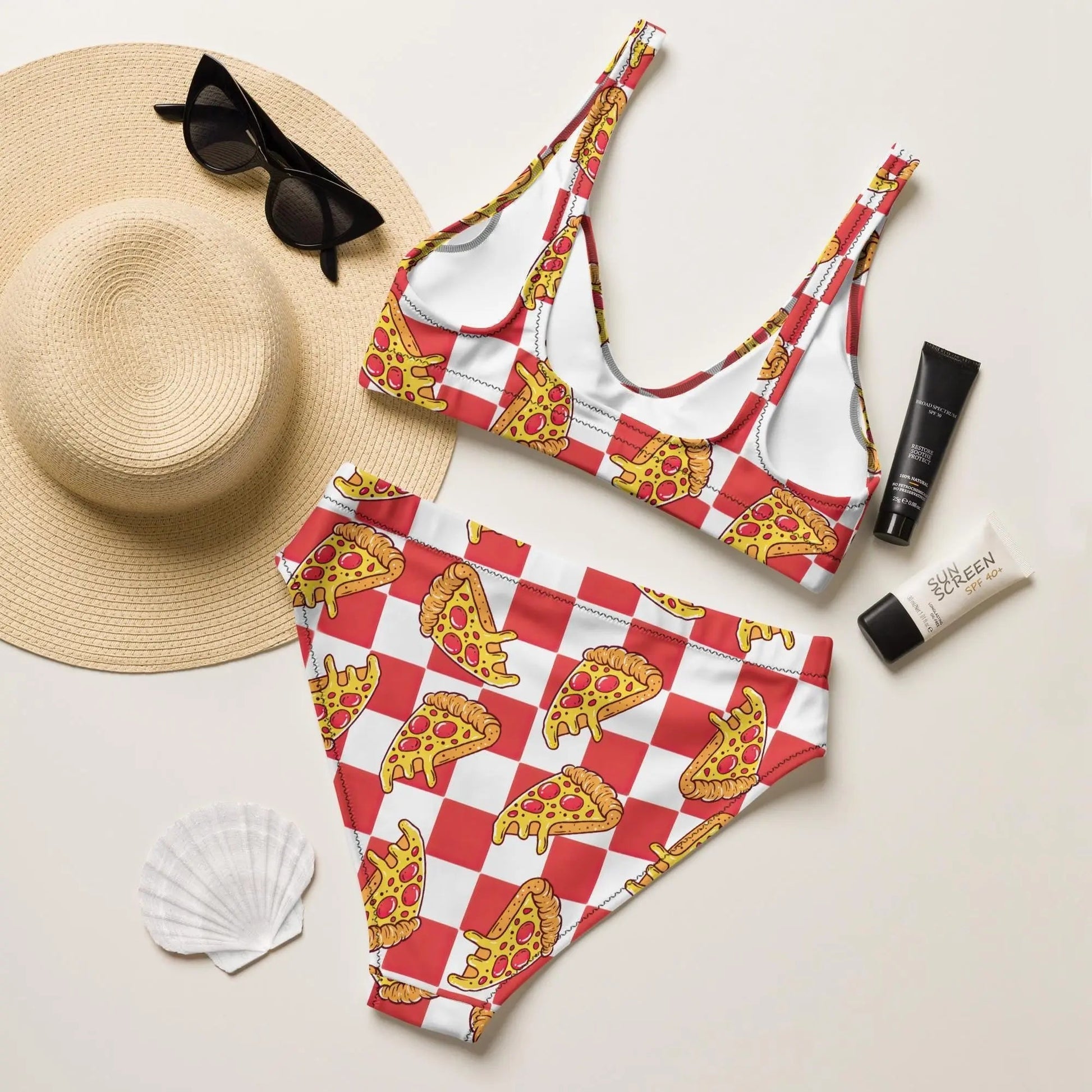 Pizza Swimsuit High Waisted or String Bikini Set | Recycled Padded UPF 50+ 2XS–6XL Plus - Aphantastic Designs
