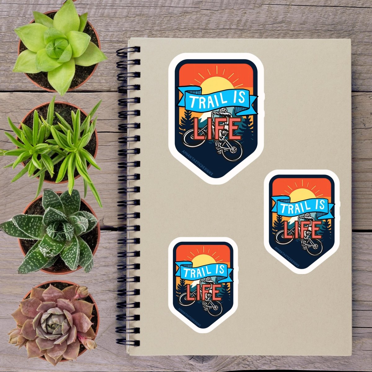 a spiral-bound notebook with three stickers on it, along with several potted plants arranged on a wooden surface.