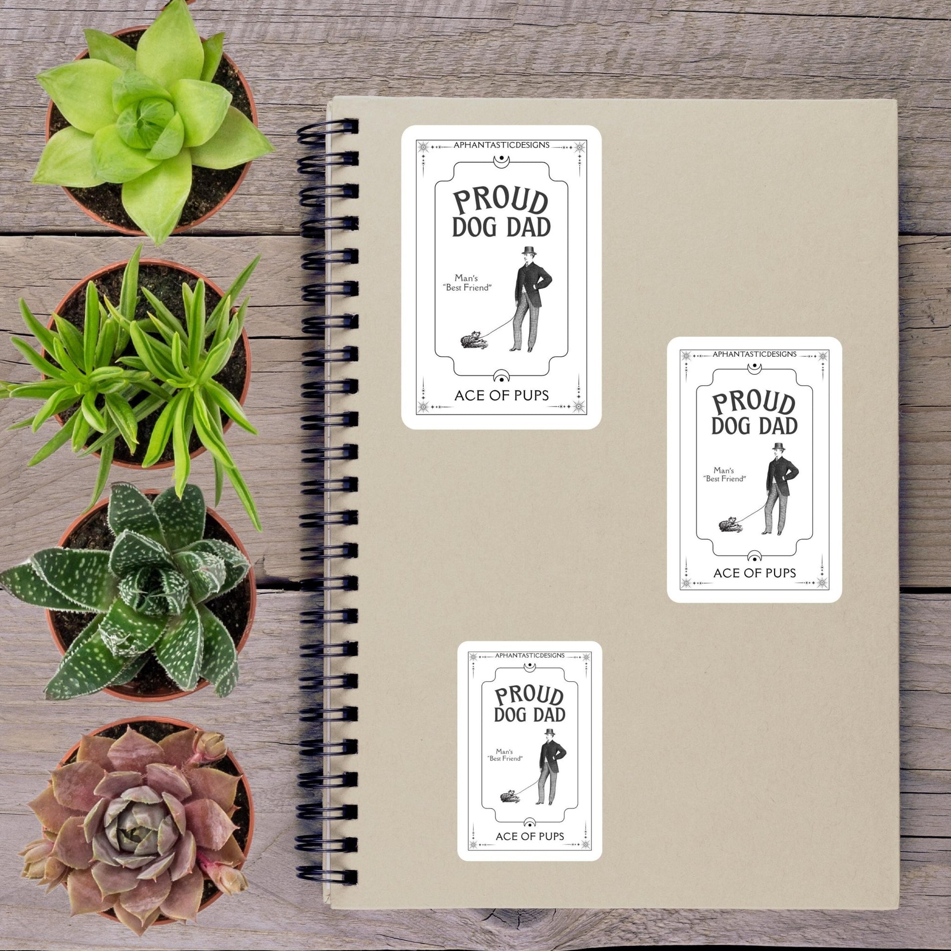 a spiral notebook with three labels on it, each depicting a different potted plant, and a small booklet with a similar design.