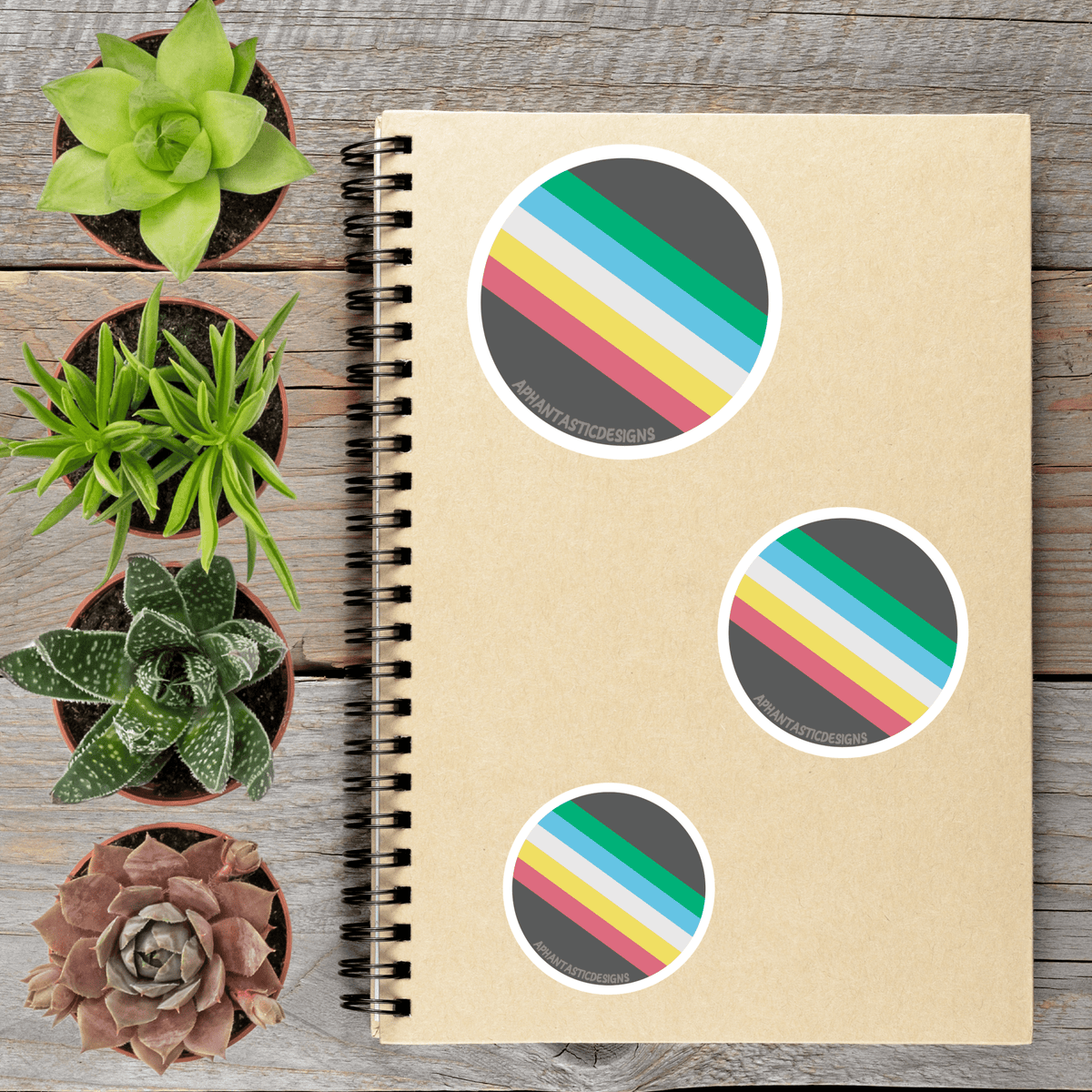 a spiral-bound notebook with three colorful stickers on it, placed on a wooden surface alongside several potted succulent plants.
