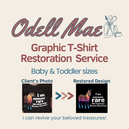 The image is a promotional graphic for a graphic t-shirt restoration service. It features a graphic of a zebra and text that reads "I am someone rarer than Hirschsprung's Disease Awareness". The image also includes two examples of restored designs, one of a black t-shirt with the text "I am someone rarer than Hirschsprung's Disease Awareness" and another of a pink t-shirt with the same text. The text at the bottom of the image states "I can revive your beloved treasures!"