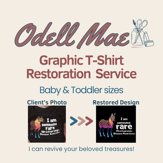 The image is a promotional graphic for a graphic t-shirt restoration service. It features a graphic of a zebra and text that reads "I am someone rarer than Hirschsprung's Disease Awareness". The image also includes two examples of restored designs, one of a black t-shirt with the text "I am someone rarer than Hirschsprung's Disease Awareness" and another of a pink t-shirt with the same text. The text at the bottom of the image states "I can revive your beloved treasures!"