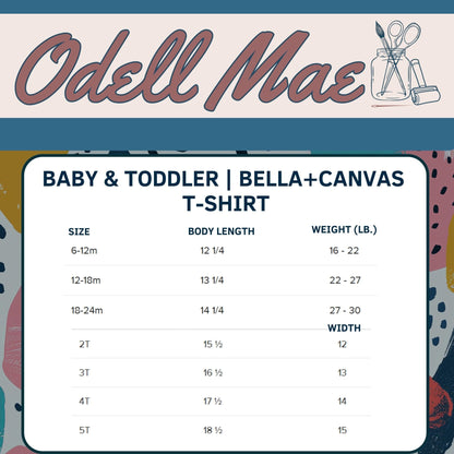 The image is a T-shirt size chart for babies and toddlers, specifically for the T-shirt size of Bella+Canvas. The chart provides the size and corresponding body length for different age groups, ranging from 6-12 months to 3-5 years old. The chart also includes the weight (lb.) for each age group, from 16-22 to 18-24 months. The chart is designed to help parents and caregivers determine the appropriate size for their child based on their age.