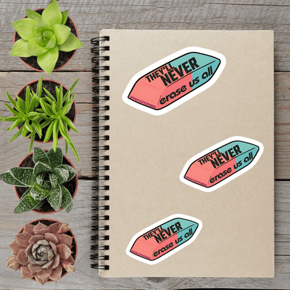 a spiral notebook with three stickers on it, along with four potted succulent plants arranged on a wooden surface.