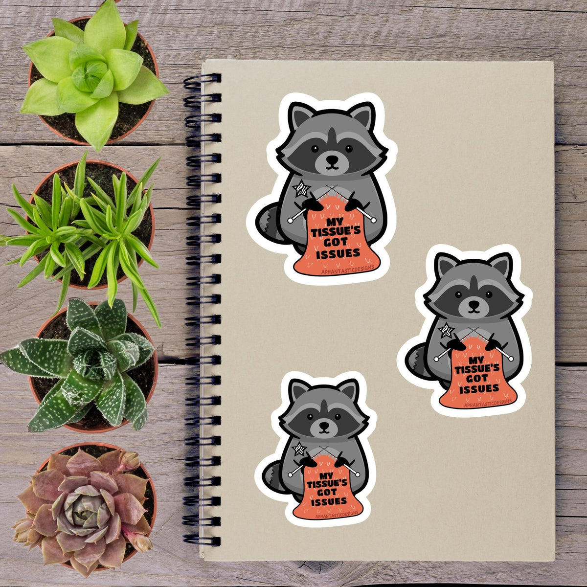 a spiral notebook with stickers of raccoons holding signs that read "My Tissue's Got Issues", accompanied by three potted succulents on a wooden surface.