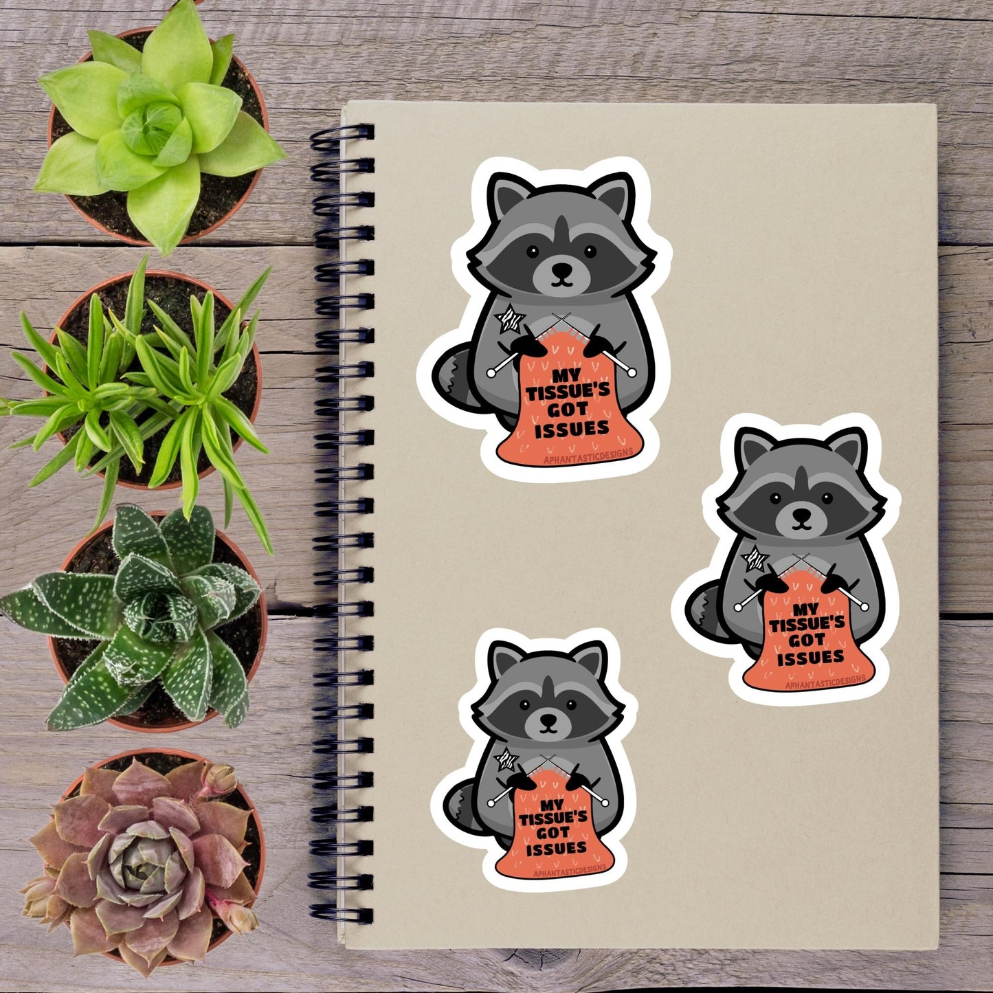 a spiral notebook with stickers of raccoons holding signs that read "My Tissue's Got Issues", accompanied by three potted succulents on a wooden surface.