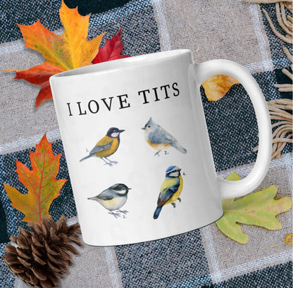Tit Bird Watcher Coffee Mug | Ceramic, Left Hand Friendly, & Dishwasher Safe - Aphantastic Designs