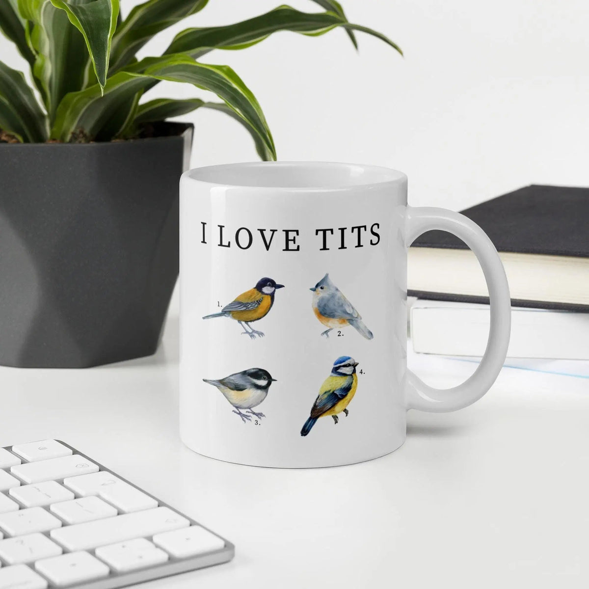 Tit Bird Watcher Coffee Mug | Ceramic, Left Hand Friendly, & Dishwasher Safe - Aphantastic Designs