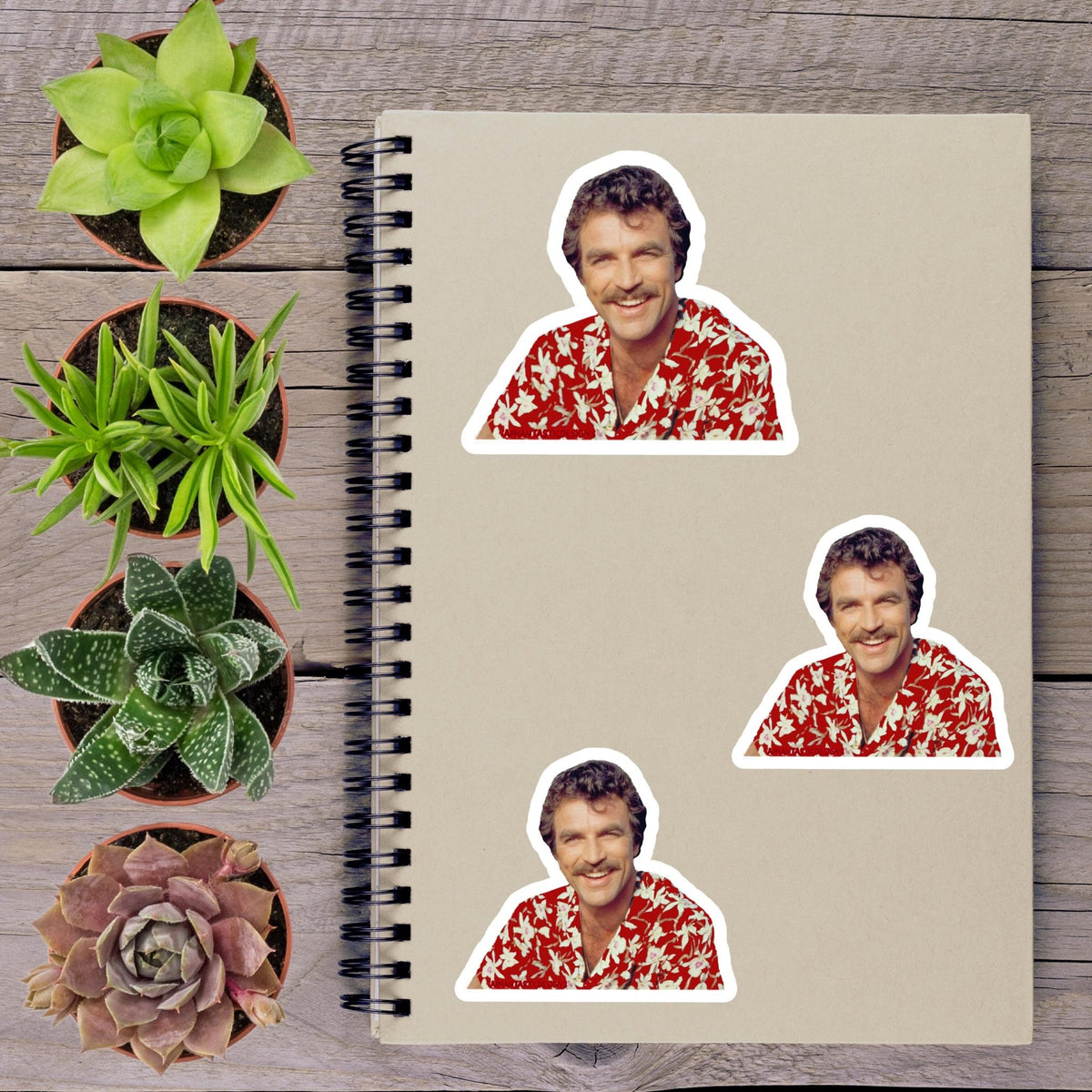 a spiral notebook with three stickers of a man wearing a red and white Hawaiian shirt, placed on a wooden surface alongside several potted plants.