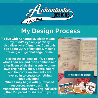 The image is a promotional graphic for a design company named Aphantasia. It features a hand holding a notebook filled with handwritten notes, and a sketch of a hand drawing on a piece of paper. The text on the image provides information about the company's design process and how they bring their ideas to life.