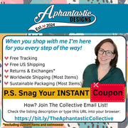 The image is a promotional graphic for a company called "Aphantastic Designs" that offers free shipping, returns and exchanges, worldwide shipping, and sustainable packaging. The company is also offering a "PS. Snag Your INSTANT" coupon, which can be used to purchase items from their email list. The image features a smiling woman in a green shirt, and there is a text box with a red "Coupon" symbol, along with a URL for joining the email list.