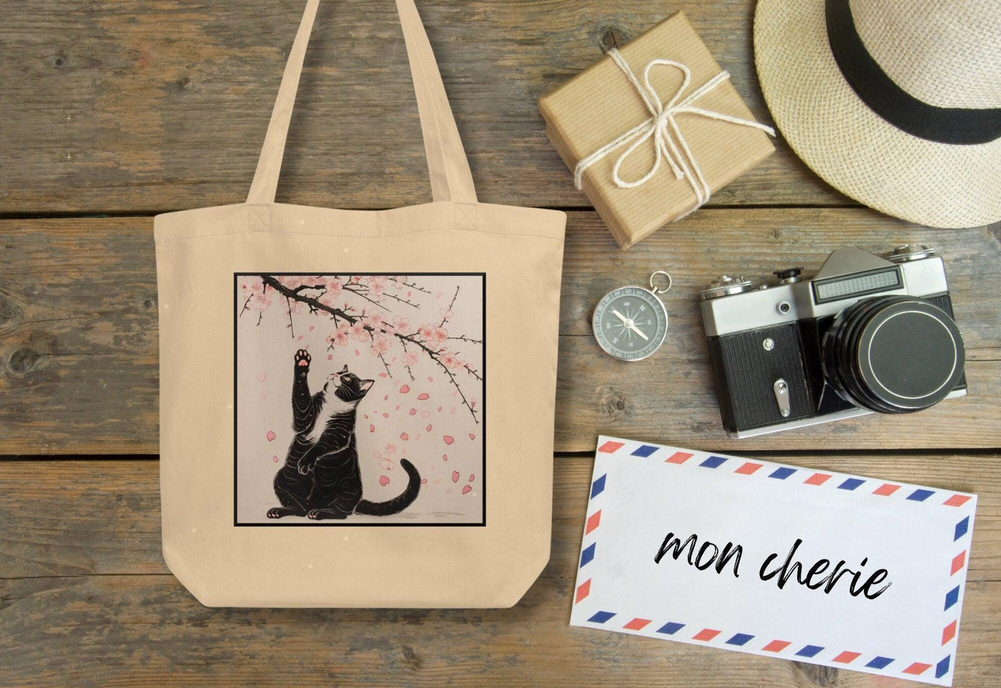 Tuxedo Cat Cherry Blossoms Organic Cotton Tote Bag - Aphantastic Designs